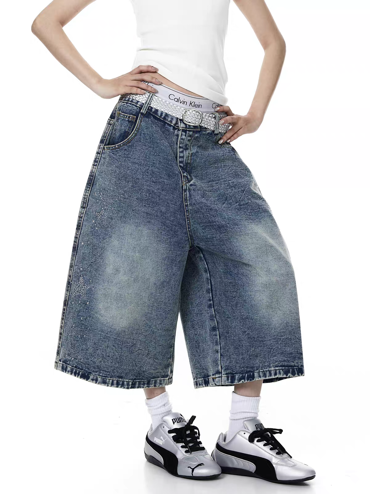 GKIKZ STAR RHINESTONE CAPRI DENIM JORTS