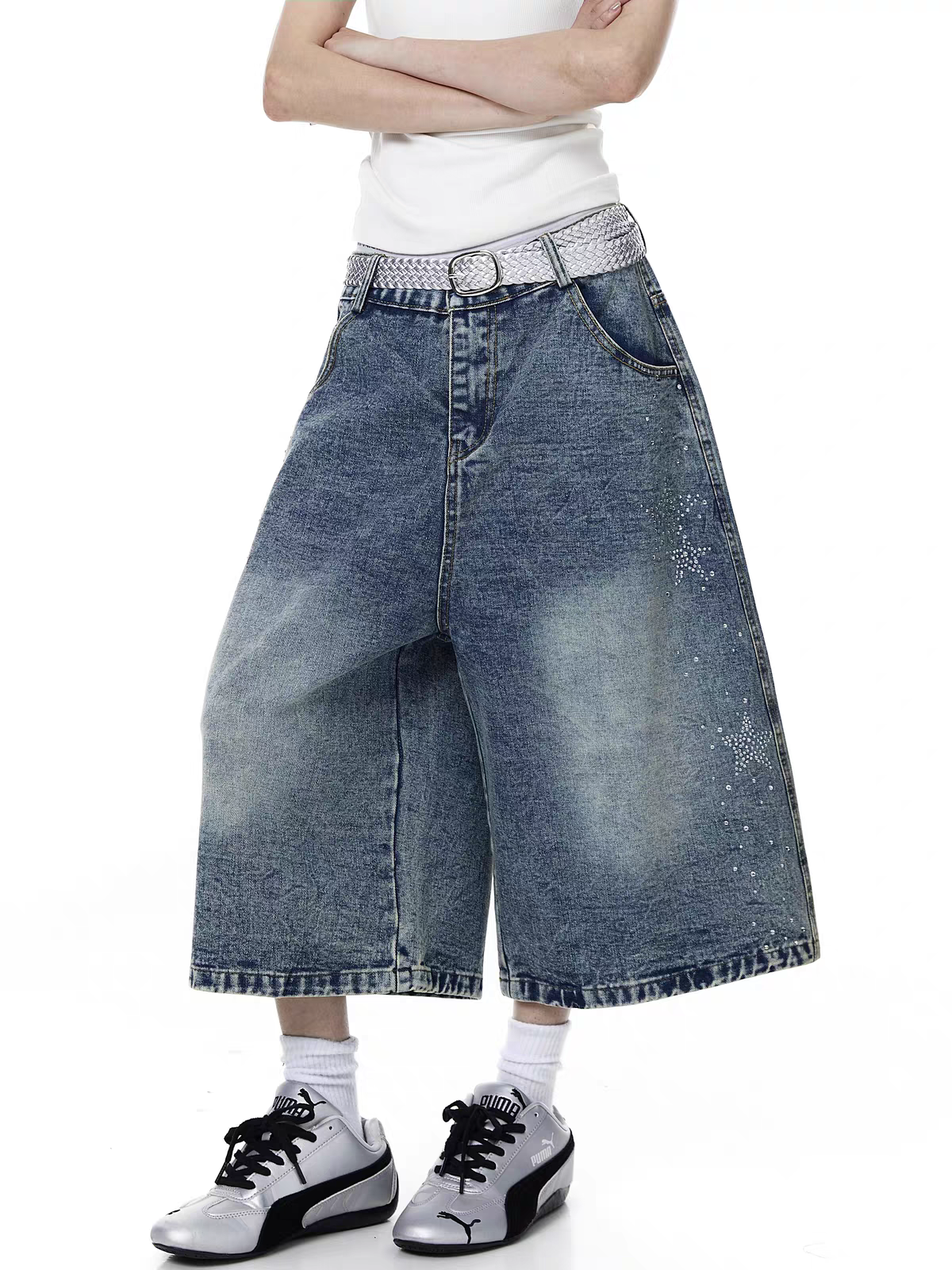 GKIKZ STAR RHINESTONE CAPRI DENIM JORTS