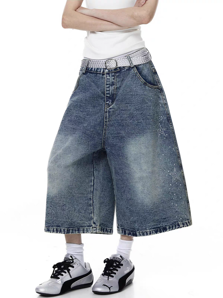 Star Rhinestone Capri Denim Jorts