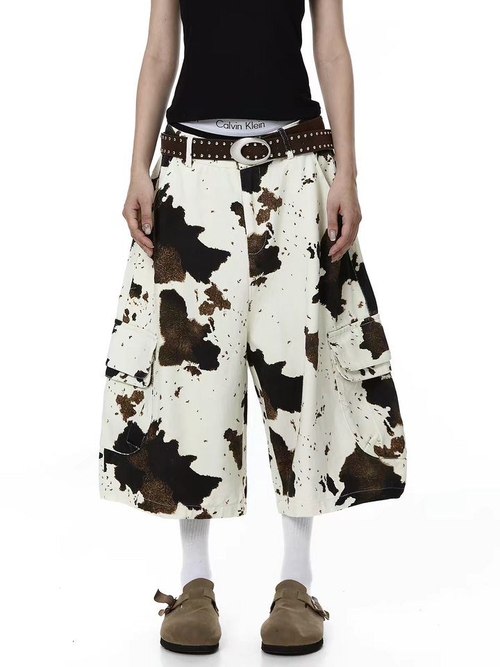Retro Cow-Motif Multi Pocket Cotton Workshorts