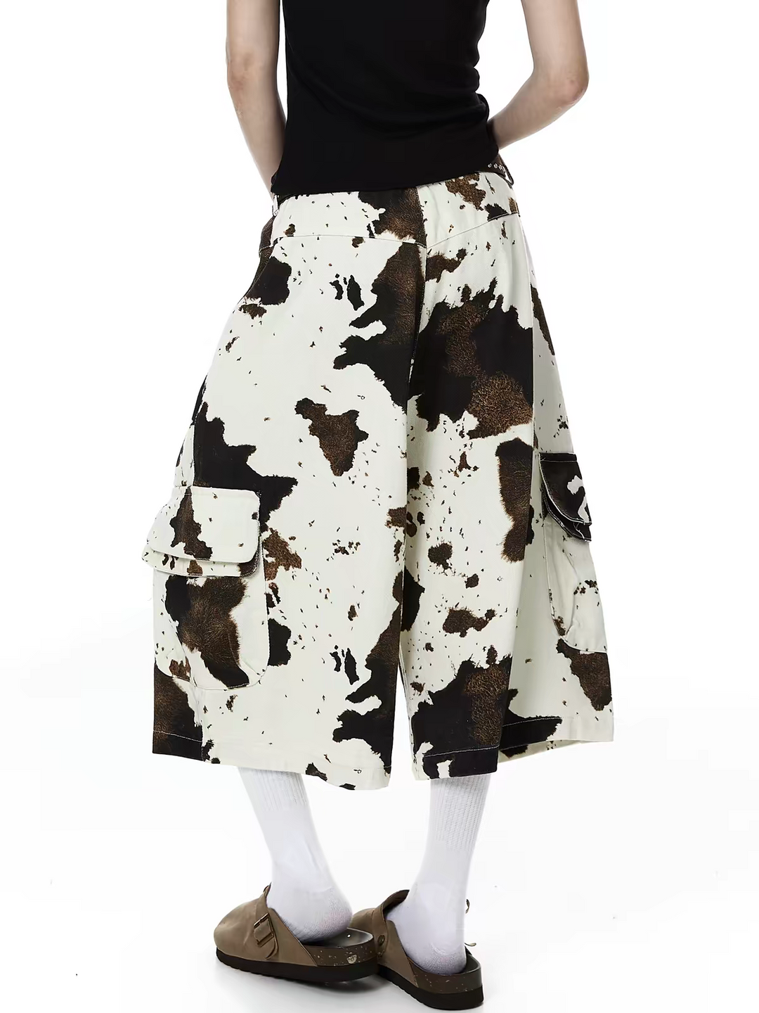 Retro Cow-Motif Multi Pocket Cotton Workshorts