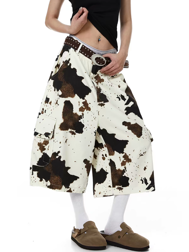 Retro Cow-Motif Multi Pocket Cotton Workshorts