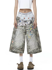 GKIKZ RETRO LEOPARD-PRINT WIDE-LEG DENIM SHORTS