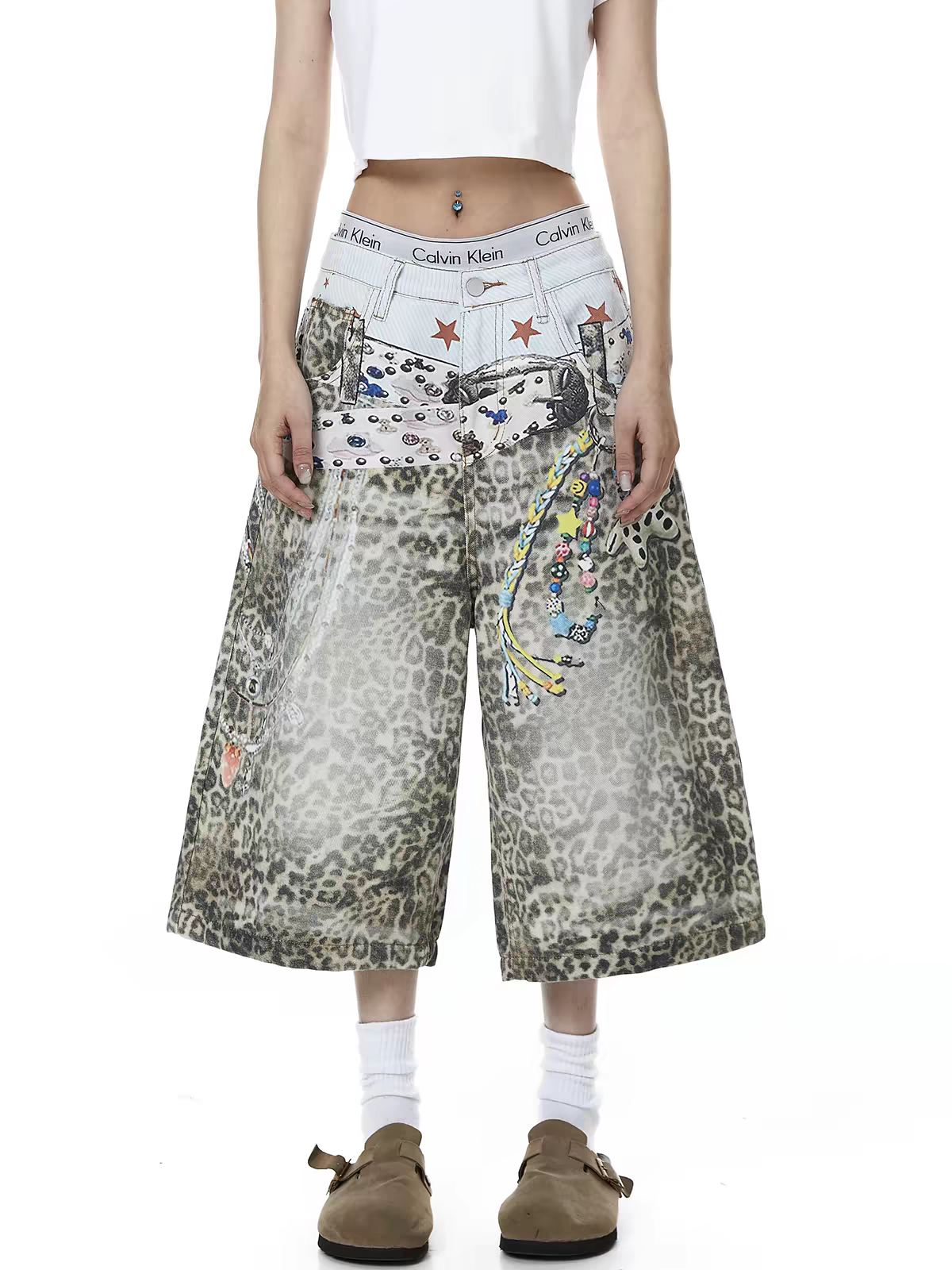 Retro Leopard-Print Wide-Leg Denim Shorts