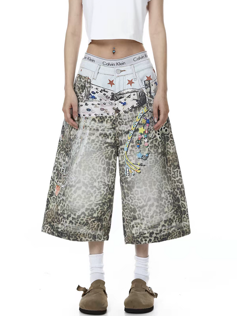 Retro Leopard-Print Wide-Leg Denim Shorts