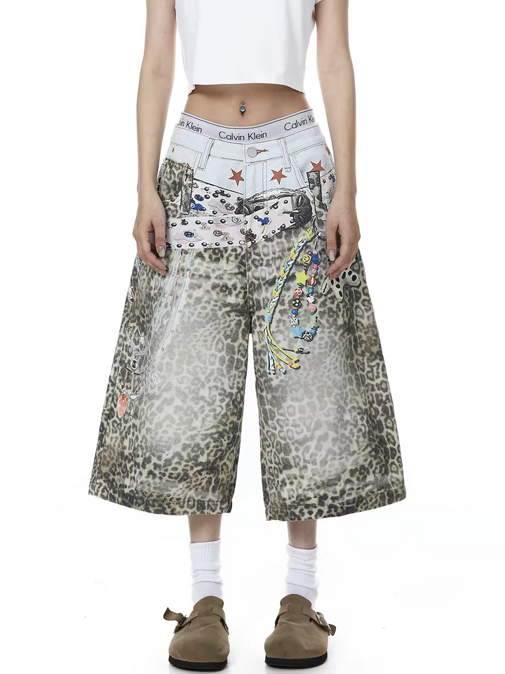 Retro Leopard-Print Wide-Leg Denim Shorts