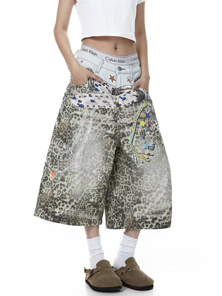 Retro Leopard-Print Wide-Leg Denim Shorts