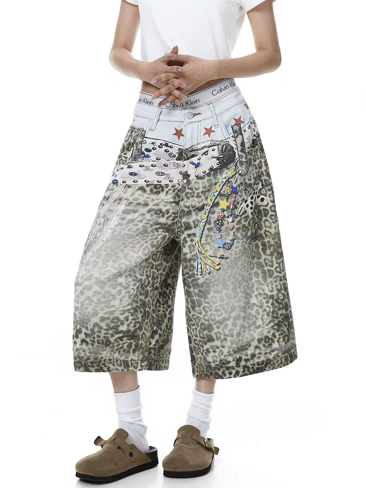 GKIKZ RETRO LEOPARD-PRINT WIDE-LEG DENIM SHORTS