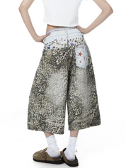 GKIKZ RETRO LEOPARD-PRINT WIDE-LEG DENIM SHORTS
