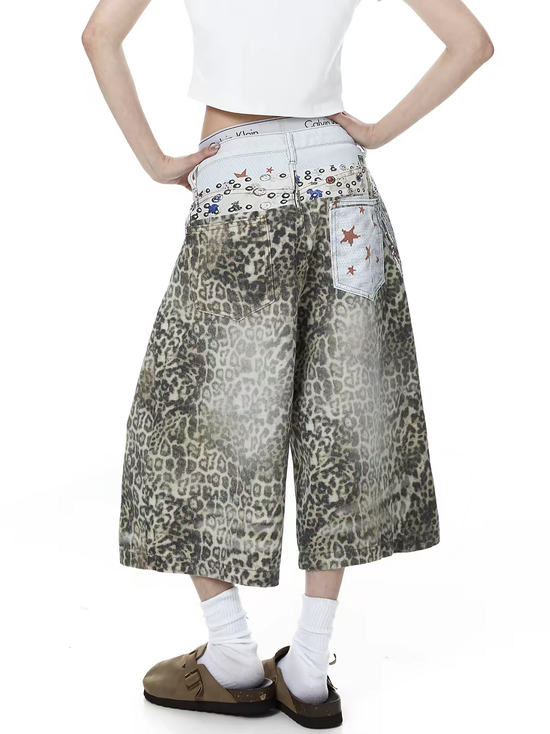 Retro Leopard-Print Wide-Leg Denim Shorts