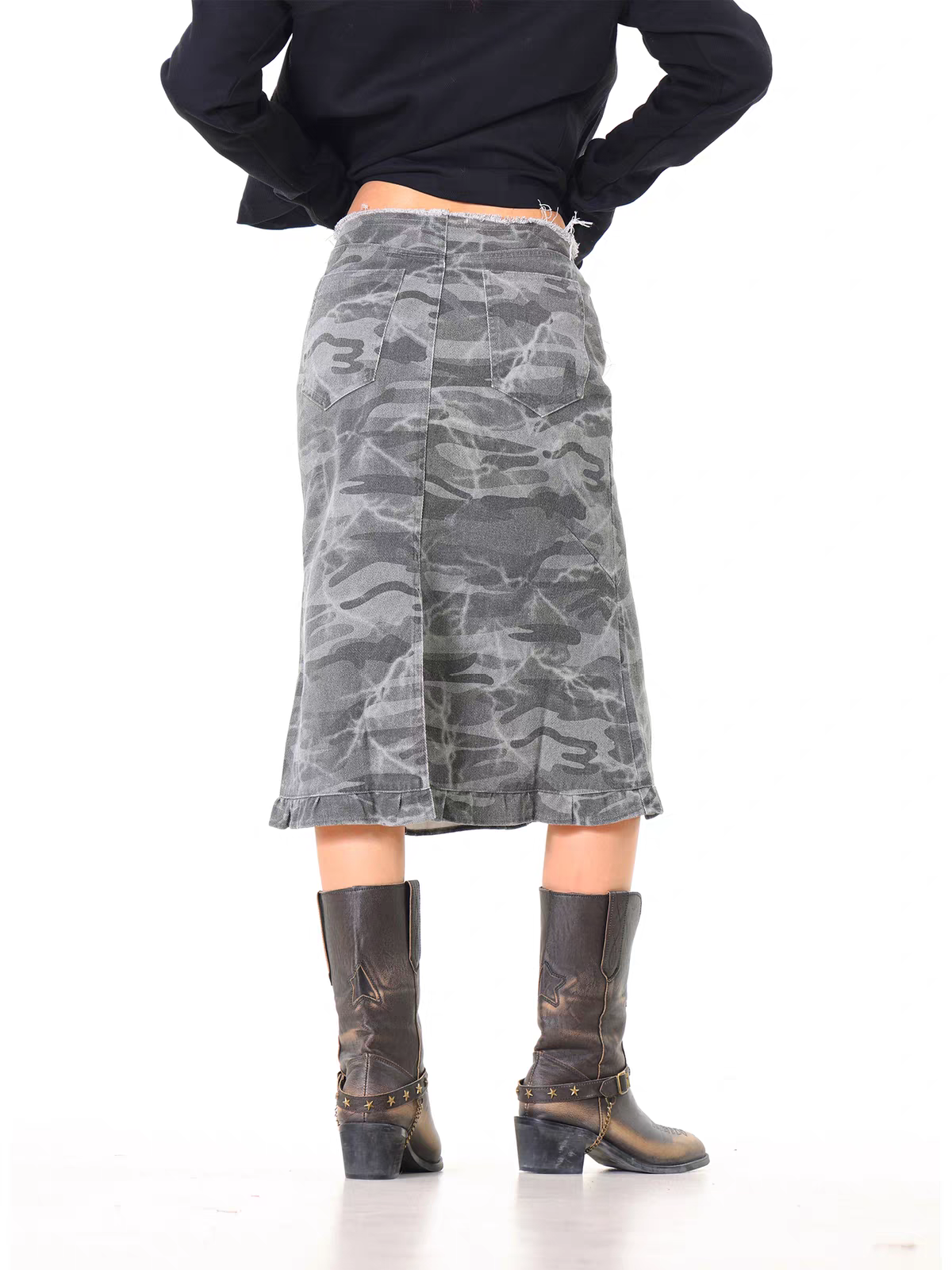 Distressed Camo Mid-Length Skirt
