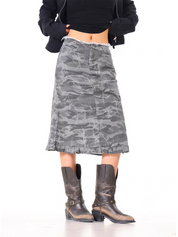 Distressed Camo Mid-Length Skirt