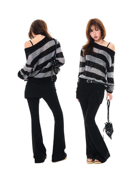 Dark Contrast Retro Long-Sleeve Knitted Top