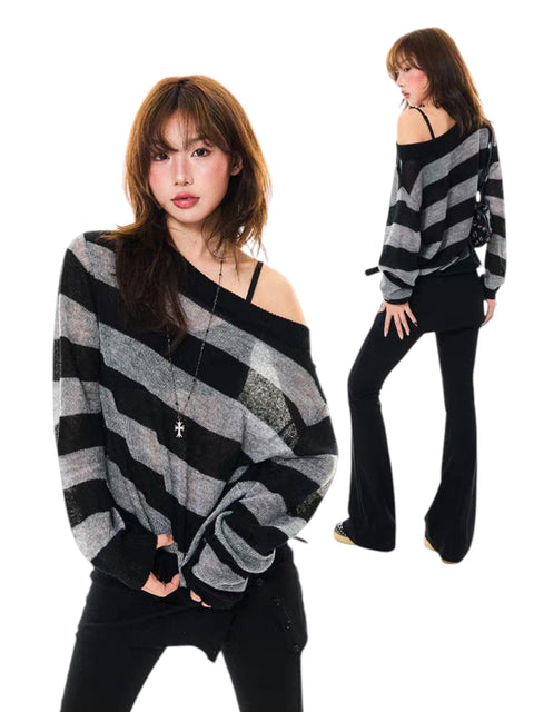 Dark Contrast Retro Long-Sleeve Knitted Top
