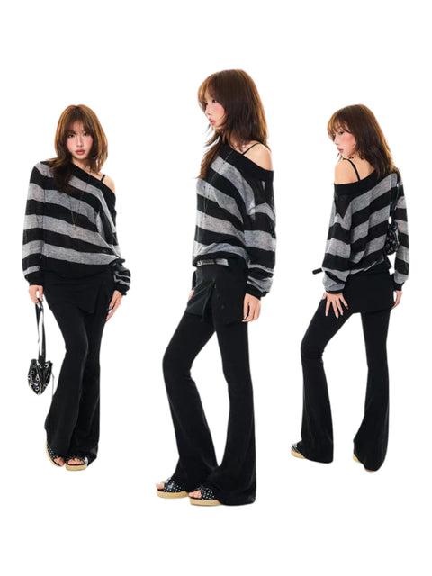 Dark Contrast Retro Long-Sleeve Knitted Top