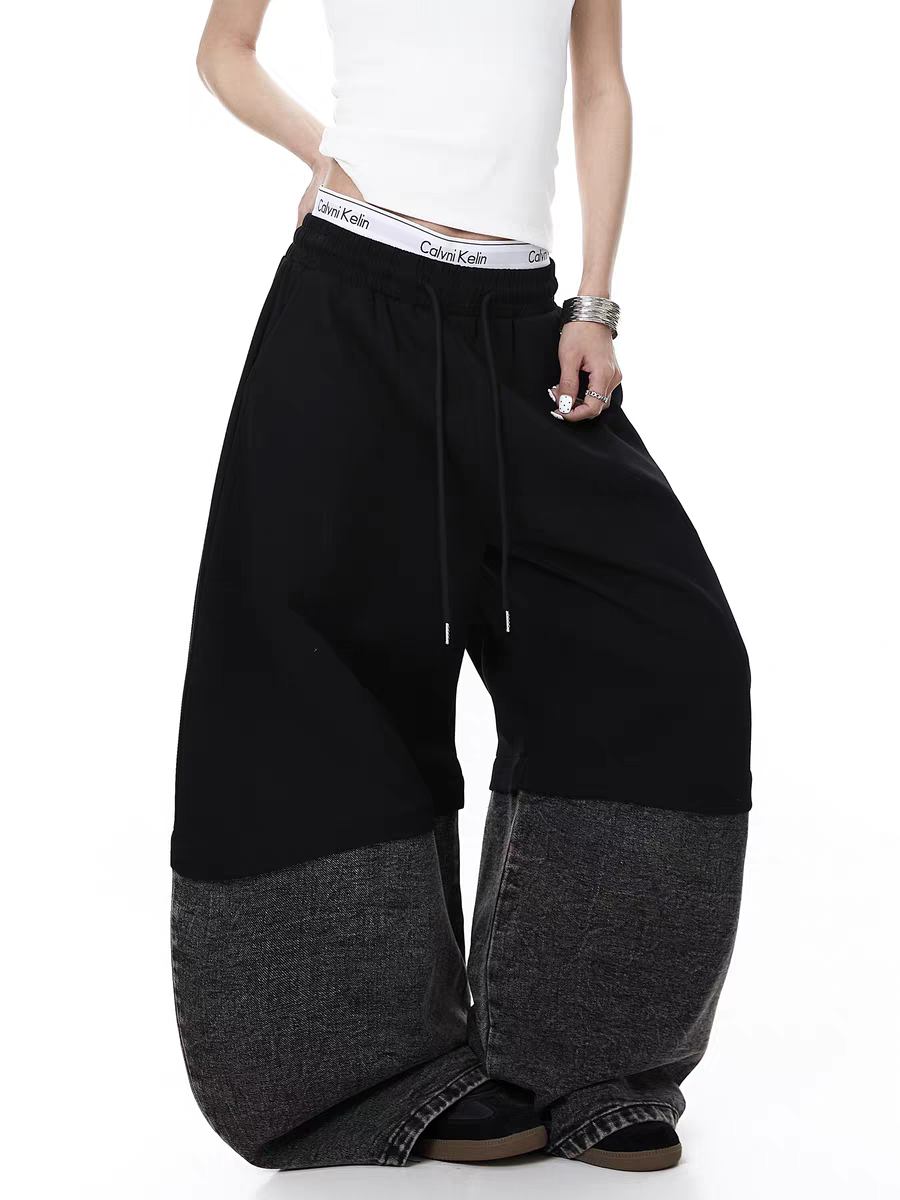 GKIKZ HALF COTTON HALF DENIM DETACHABLE BAGGY PANTS