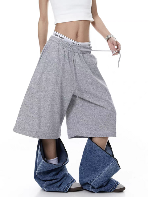 Half Cotton Half Denim Detachable Baggy Pants