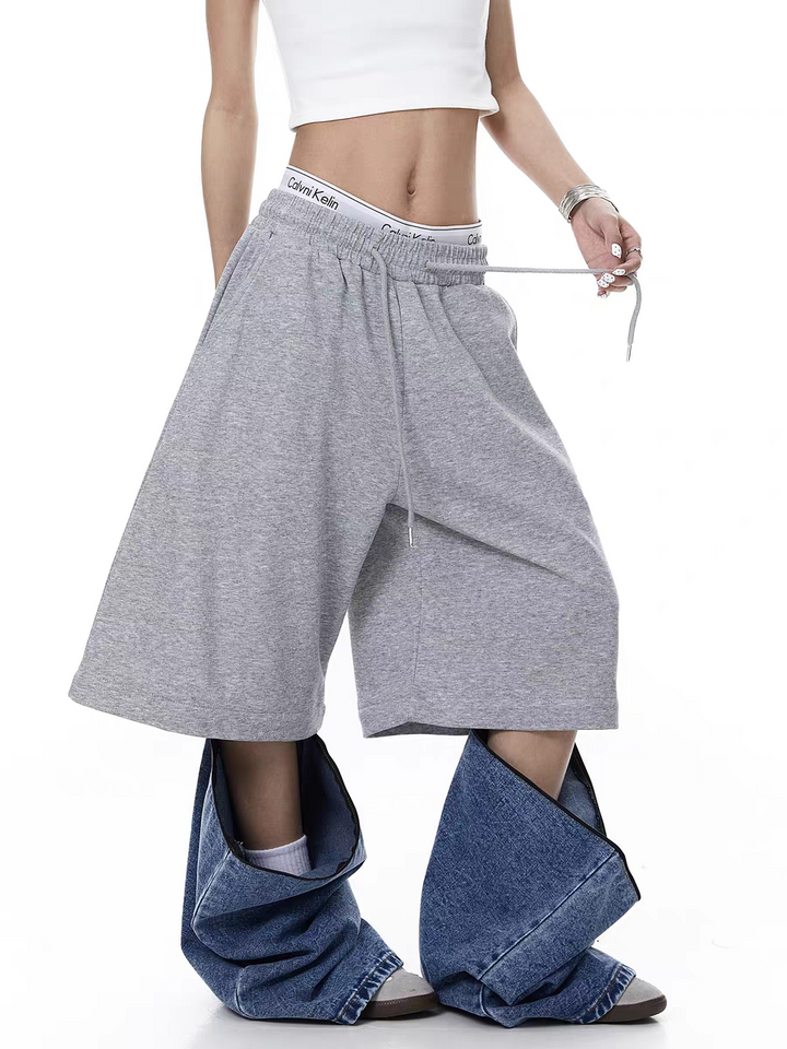 Half Cotton Half Denim Detachable Baggy Pants