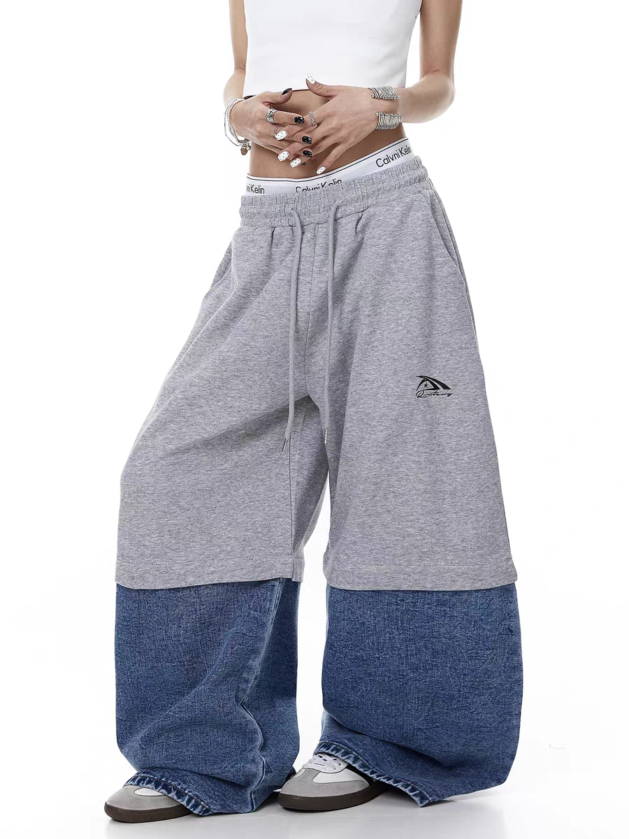 GKIKZ HALF COTTON HALF DENIM DETACHABLE BAGGY PANTS