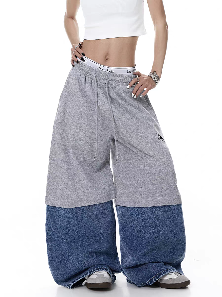Half Cotton Half Denim Detachable Baggy Pants