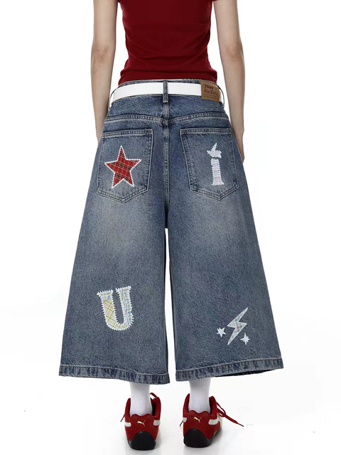 Retro Plaid Patchwork Denim Jort
