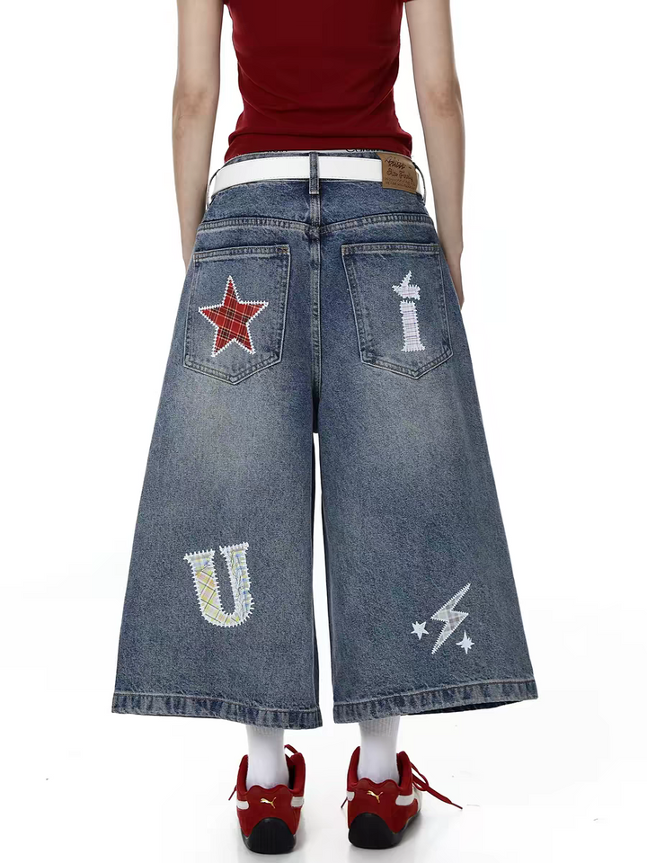 Retro Plaid Patchwork Denim Jort