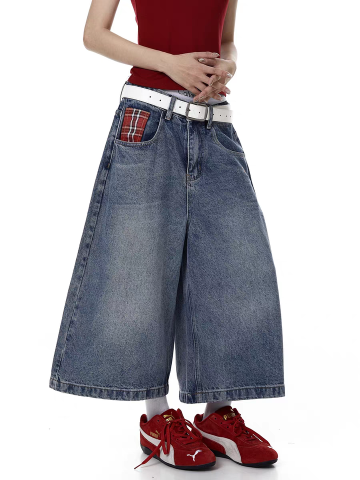 Retro Plaid Patchwork Denim Jort