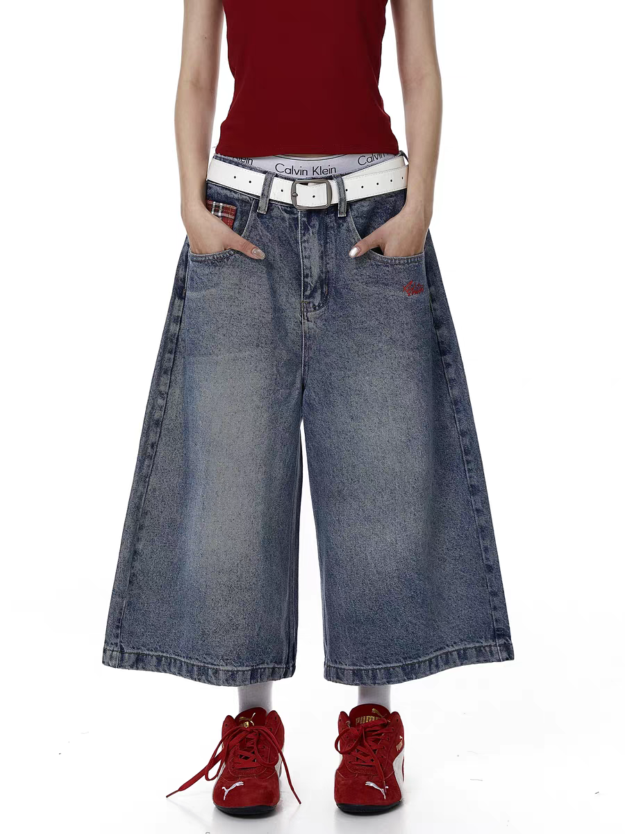 Retro Plaid Patchwork Denim Jort