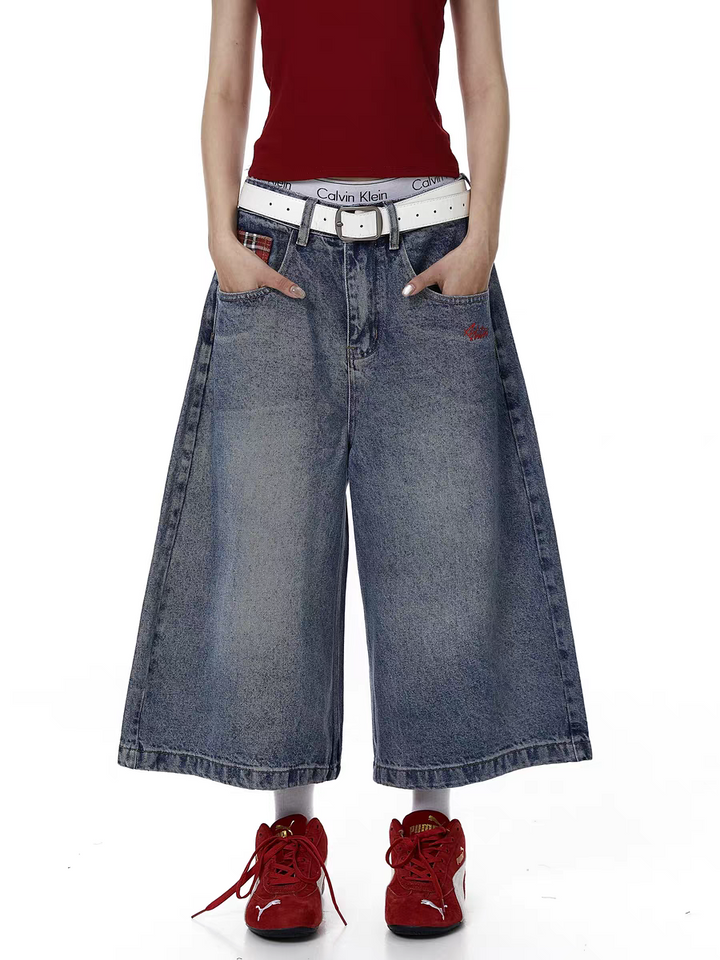 Retro Plaid Patchwork Denim Jort