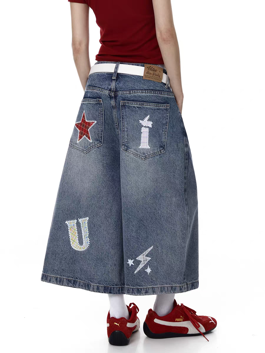 Retro Plaid Patchwork Denim Jort