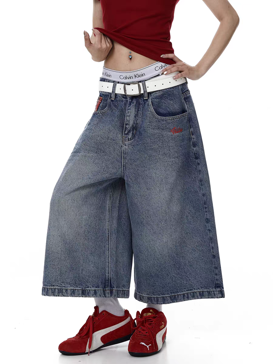 Retro Plaid Patchwork Denim Jort