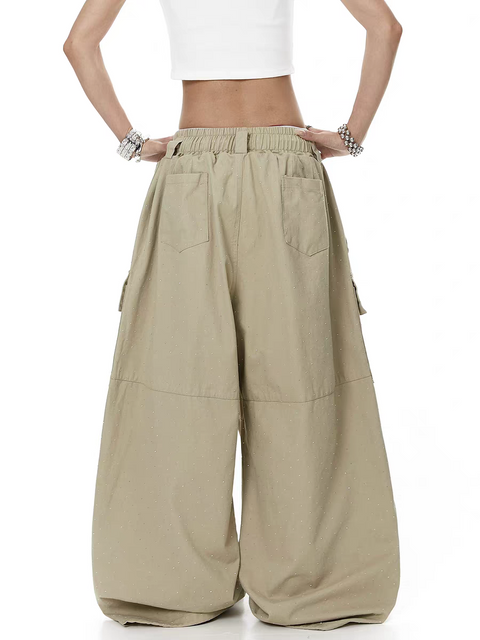 Rhinestone Pleated Multi-Pocket Utility Pant