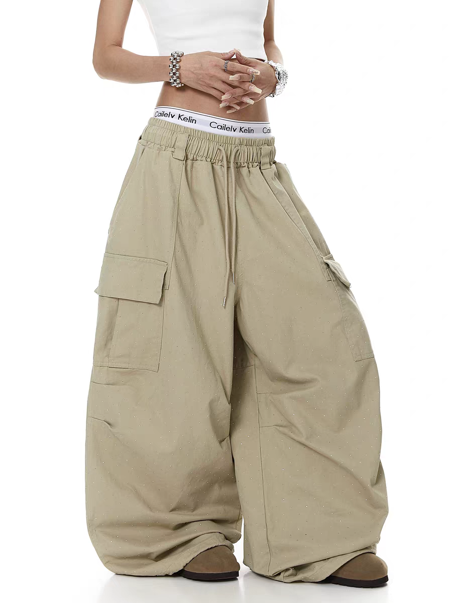 Rhinestone Pleated Multi-Pocket Utility Pant