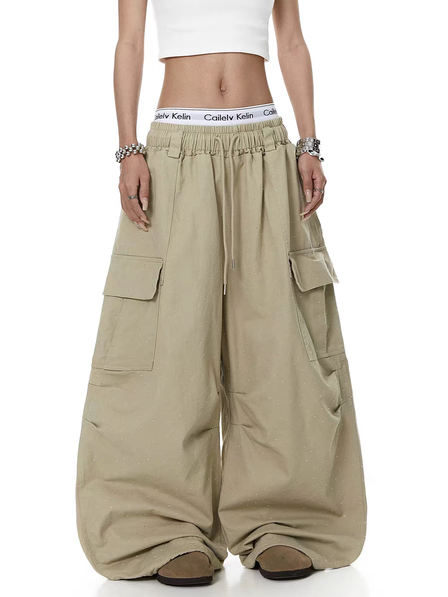 Rhinestone Pleated Multi-Pocket Utility Pant