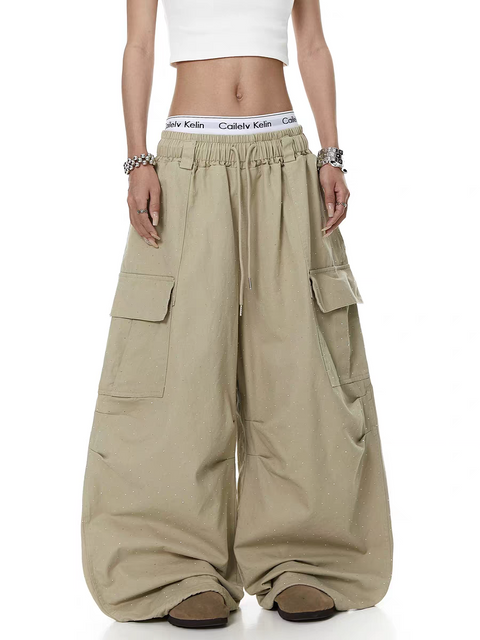 Rhinestone Pleated Multi-Pocket Utility Pant