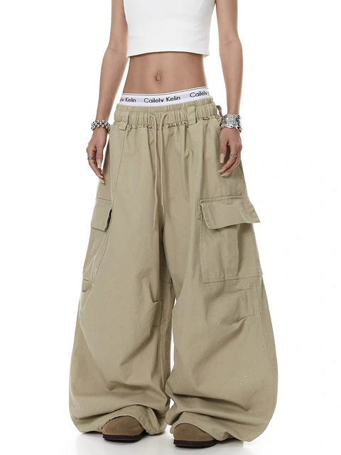 Rhinestone Pleated Multi-Pocket Utility Pant