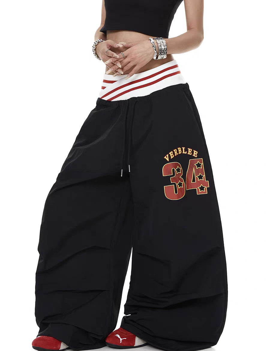 Cursive Elastic Waist Straight-Leg Pants