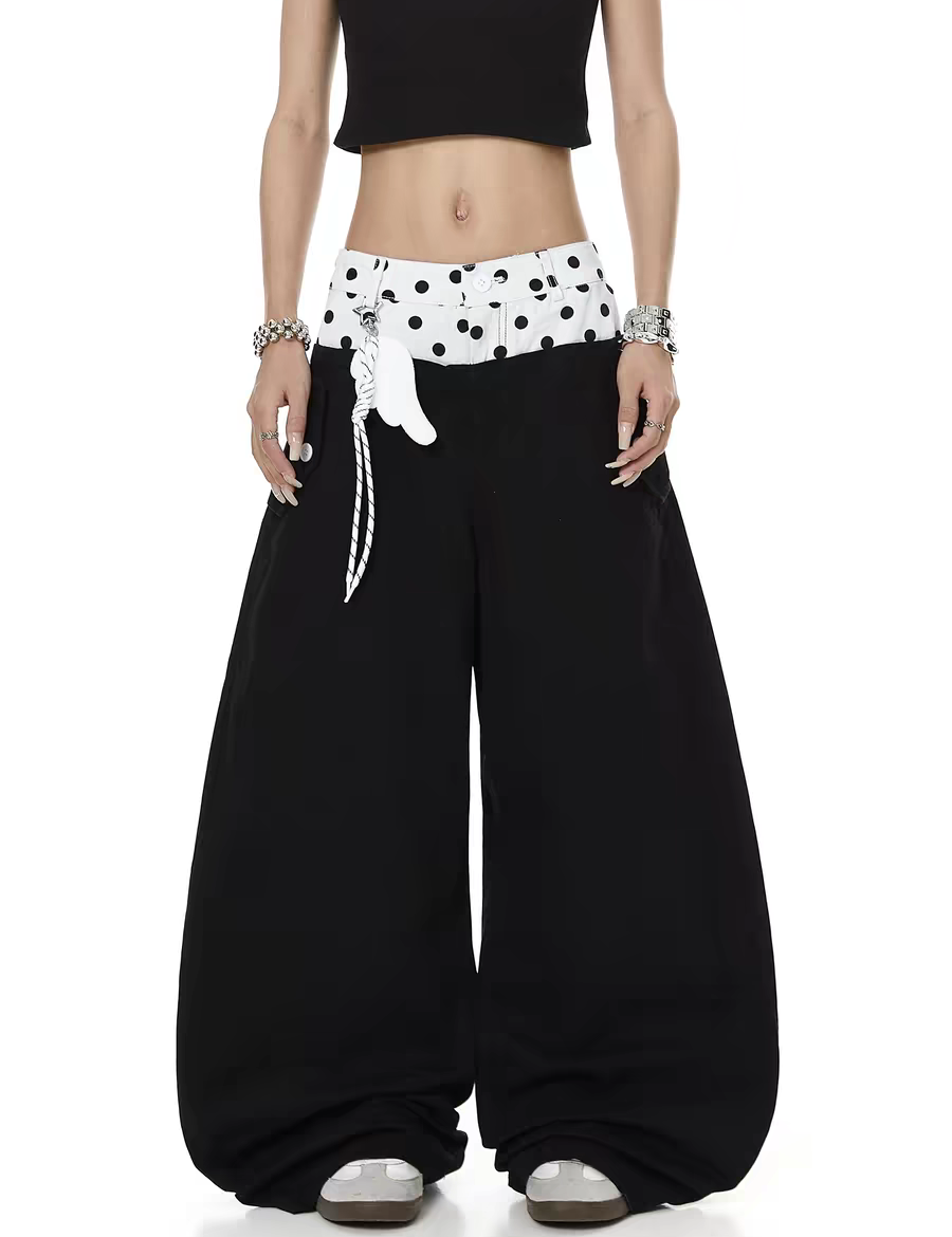 Polka-Dot Double-Waist Patchwork Wide-Leg Pant