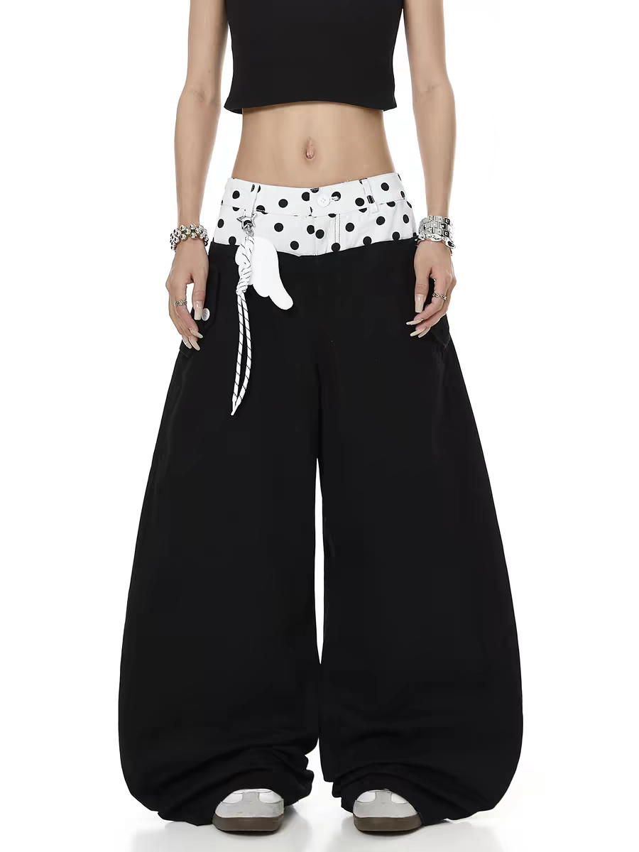 Polka-Dot Double-Waist Patchwork Wide-Leg Pant