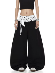 Polka-Dot Double-Waist Patchwork Wide-Leg Pant