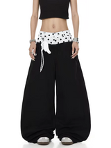 Polka-Dot Double-Waist Patchwork Wide-Leg Pant