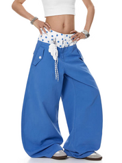 Polka-Dot Double-Waist Patchwork Wide-Leg Pant
