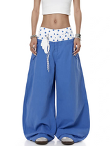 Polka-Dot Double-Waist Patchwork Wide-Leg Pant