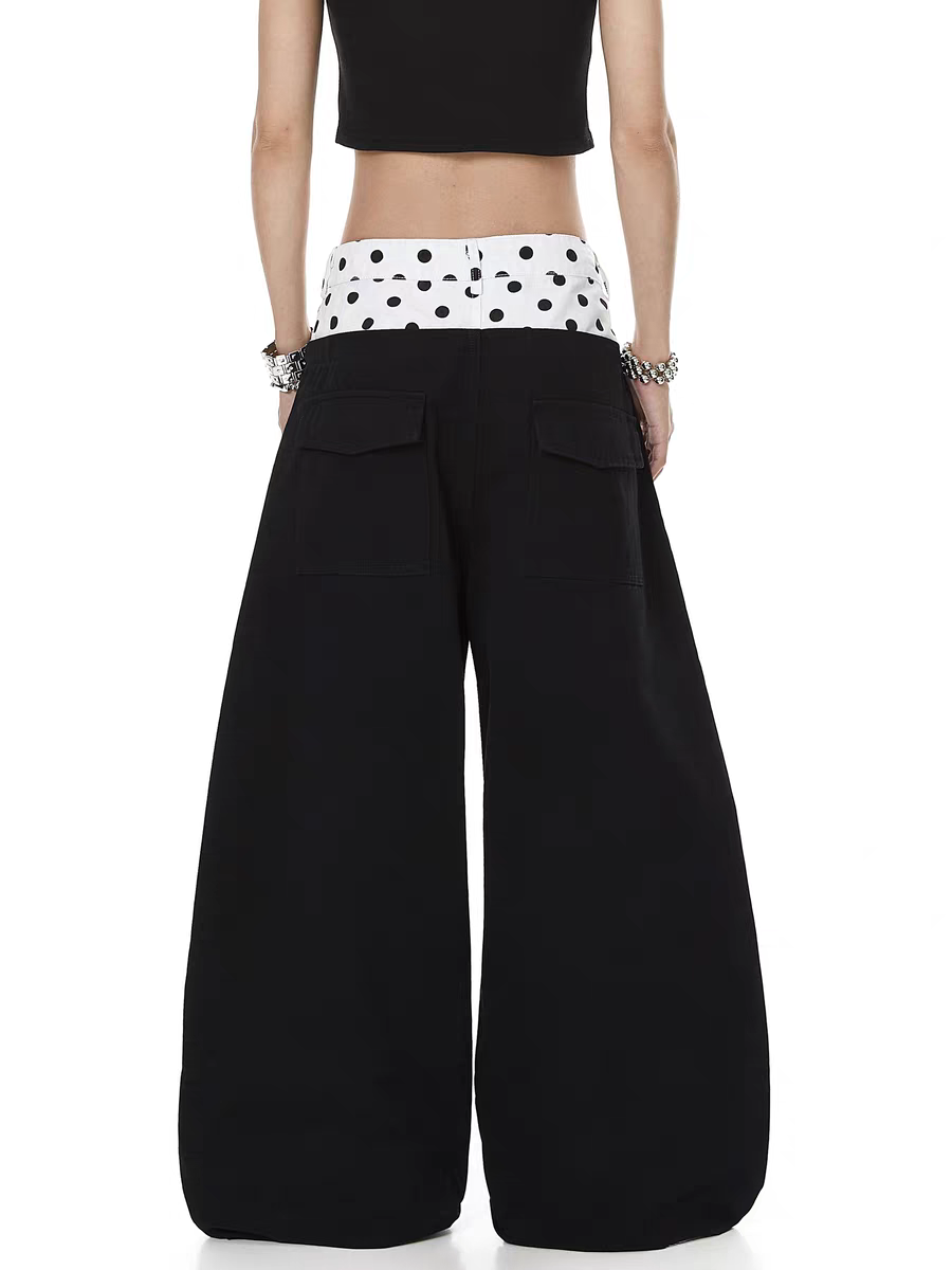 Polka-Dot Double-Waist Patchwork Wide-Leg Pant