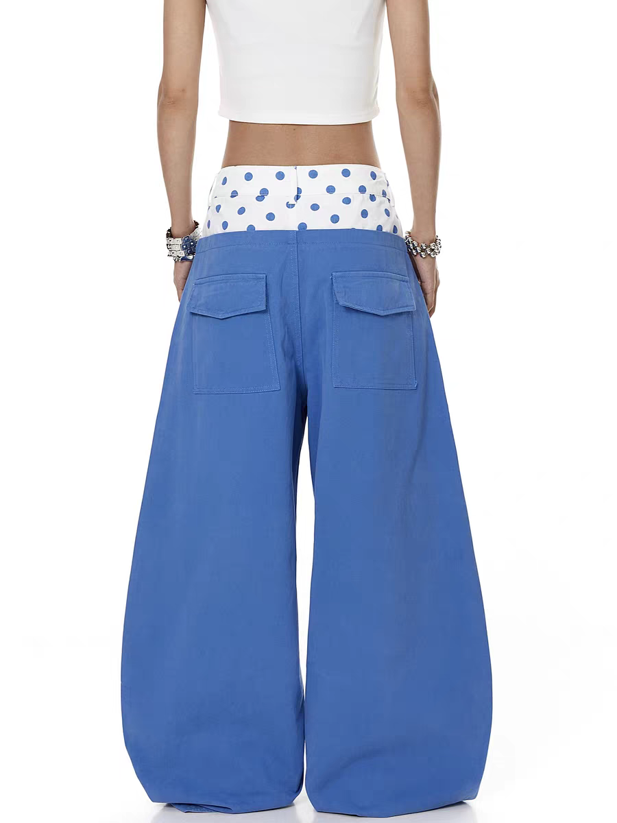 Polka-Dot Double-Waist Patchwork Wide-Leg Pant
