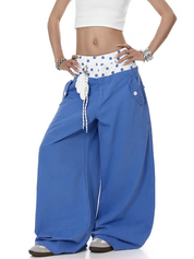 Polka-Dot Double-Waist Patchwork Wide-Leg Pant