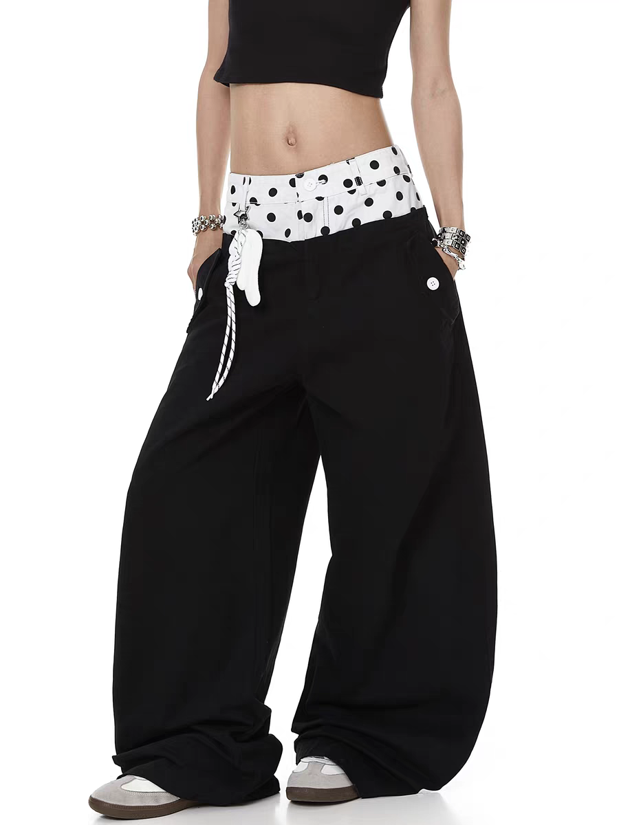 Polka-Dot Double-Waist Patchwork Wide-Leg Pant