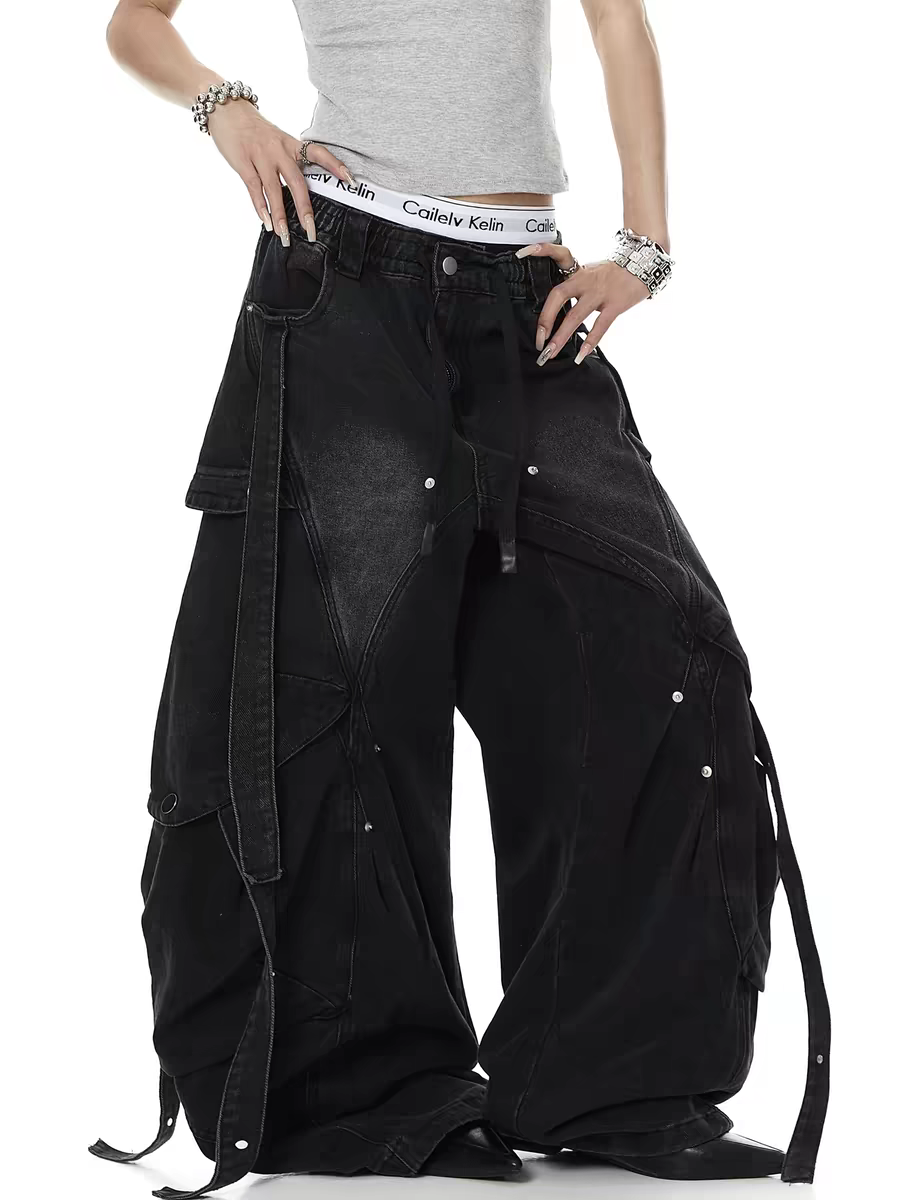 Distressed Rivet Bootcut Heavy Cotton Jeans