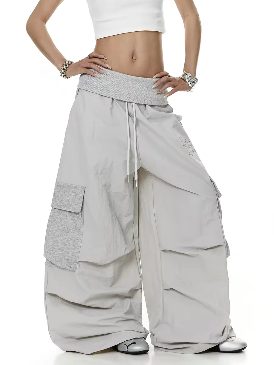 Big-Pocket Foldable Waist Wide-Leg Cargo Pant