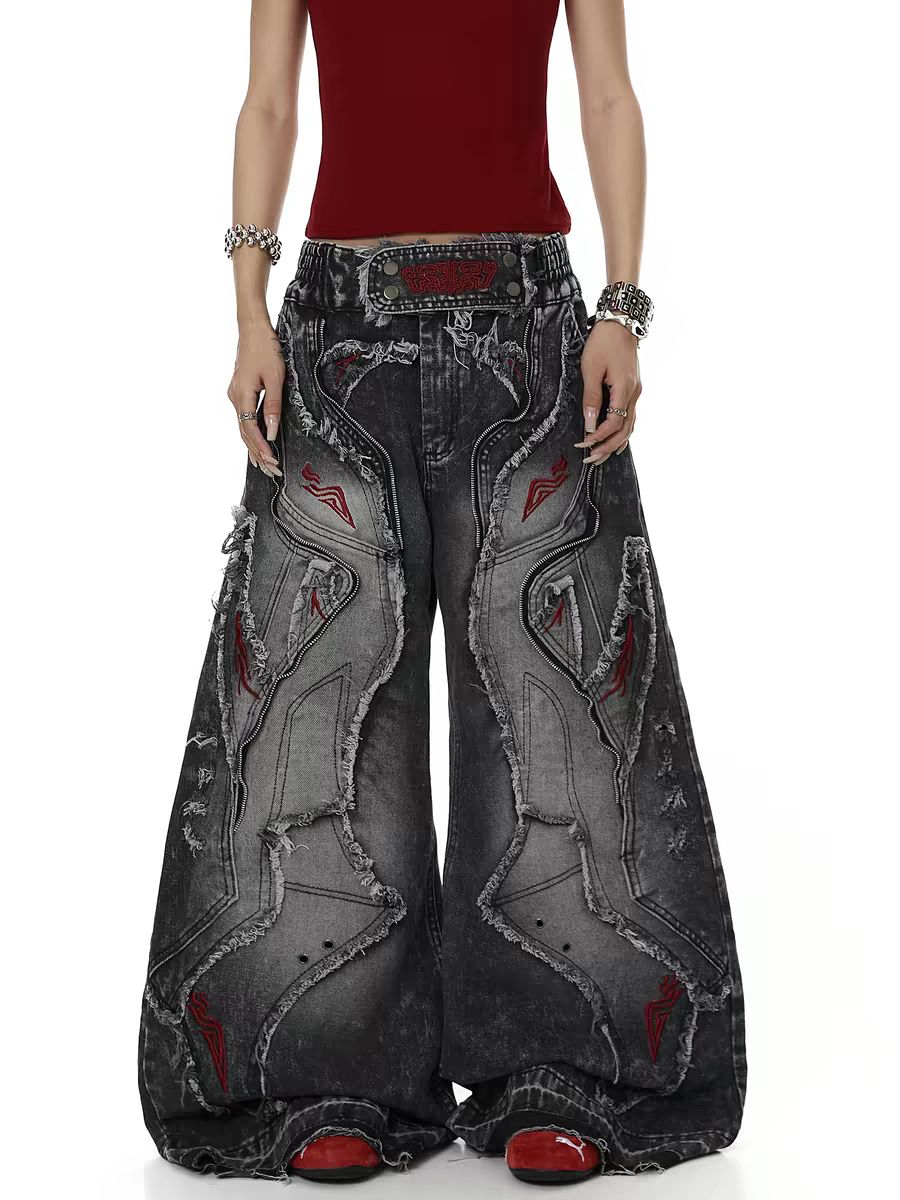 Raw-Edge Embroidered Distressed Jeans